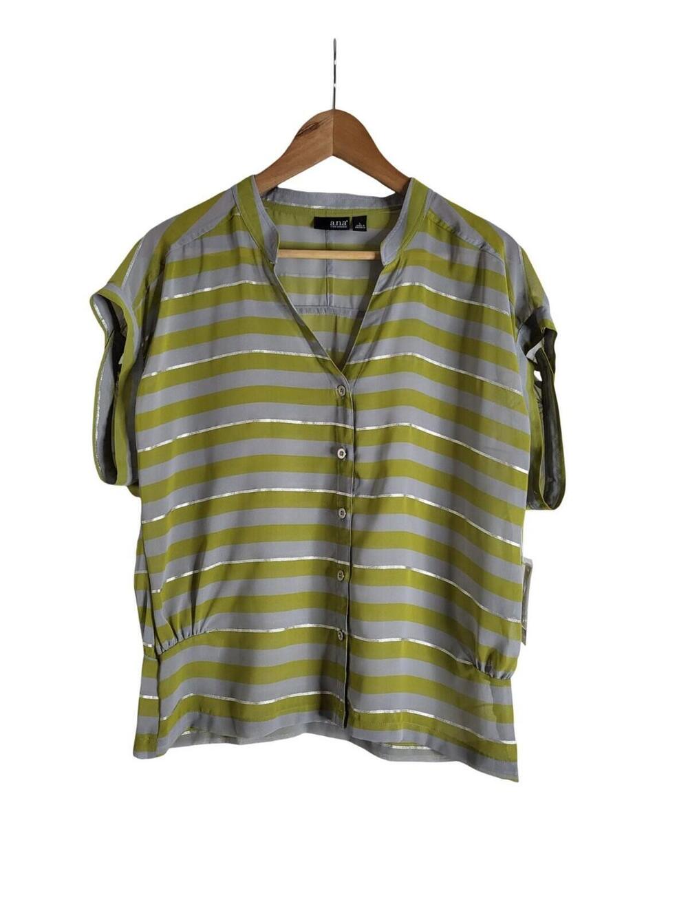 A.n.a Horizontal Stripe Pattern Metallic Accent Button Front Blouse Size Large